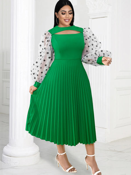 ONTINVA Green A Line Dot Sleeve Pleated Dresses