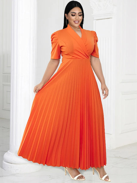 ONTINVA V Neck Orange Short Sleeve Prom Pleated Dress