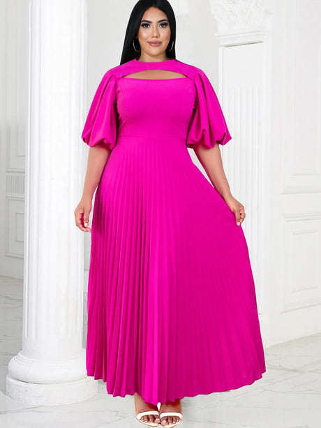 ONTINVA Fuchsia A Line Cut Out Puff Sleeve Pleated Dress