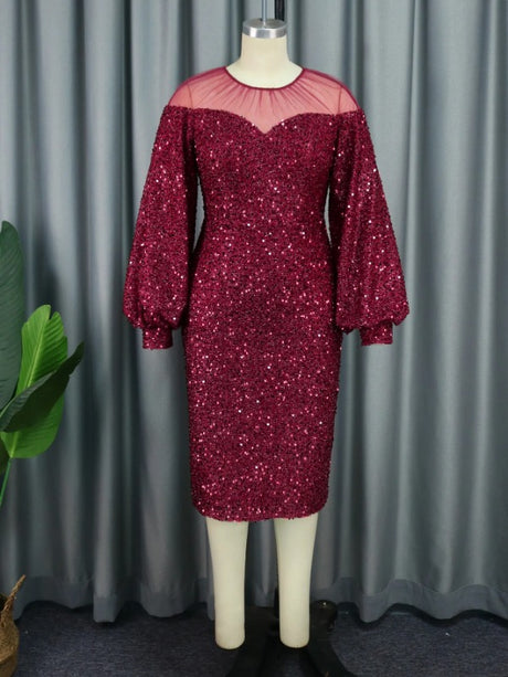 ONTINVA Long Sleeve Sequin Midi Dresses Vintage Burgundy