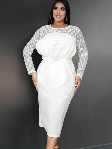 ONTINVA White Dresses Lace Long Sleeve Flower Appliques