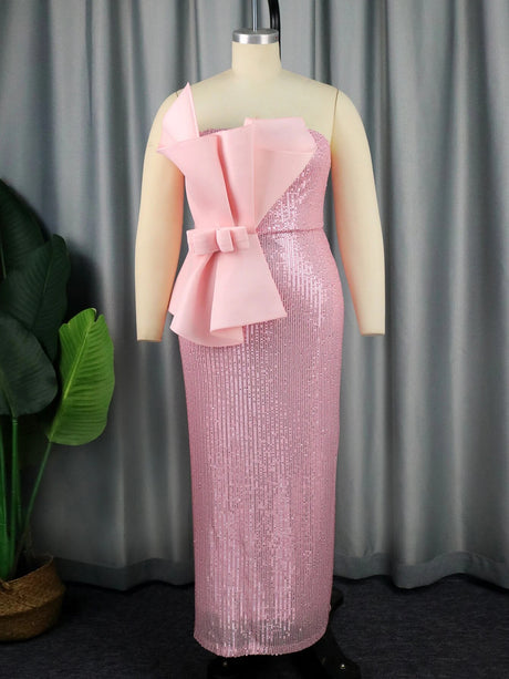 ONTINVA Elegant Pink Evening Off Shoulder Sequins Dress