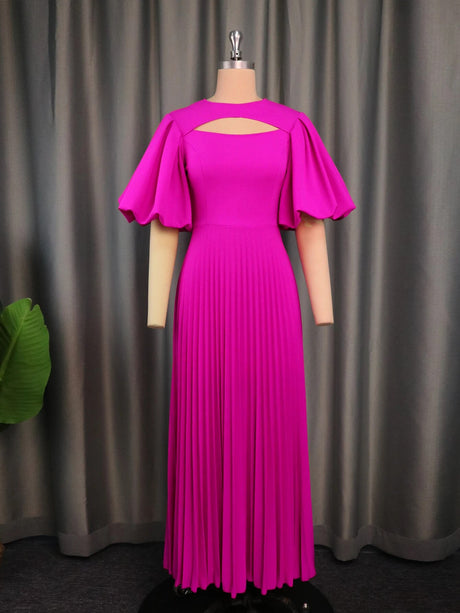 ONTINVA Fuchsia A Line Cut Out Puff Sleeve Pleated Dress