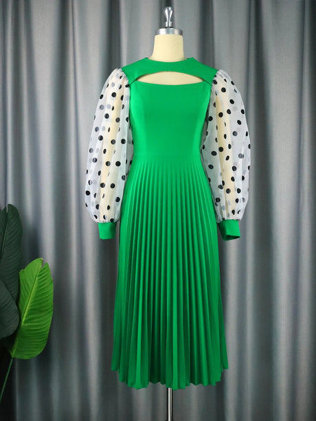 ONTINVA Green A Line Dot Sleeve Pleated Dresses