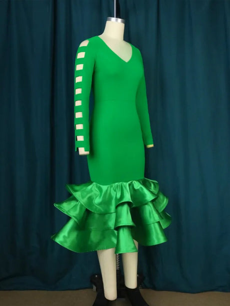 ONTINVA Green Bodycon V Neck Hollow Out Long Sleeve Dress