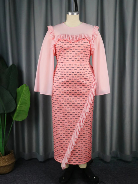 ONTINVA Pink Long Sleeve Ruffles Printed Long Dresses