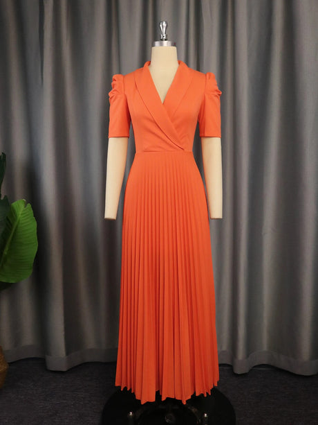 ONTINVA V Neck Orange Short Sleeve Prom Pleated Dress