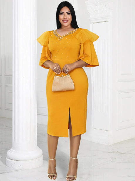 Yellow Bodycon Dresses for Women V Neck Beading Half Sleeve High Wiast Elegant Evening Birthday Event Midi Outfits Summer 2023