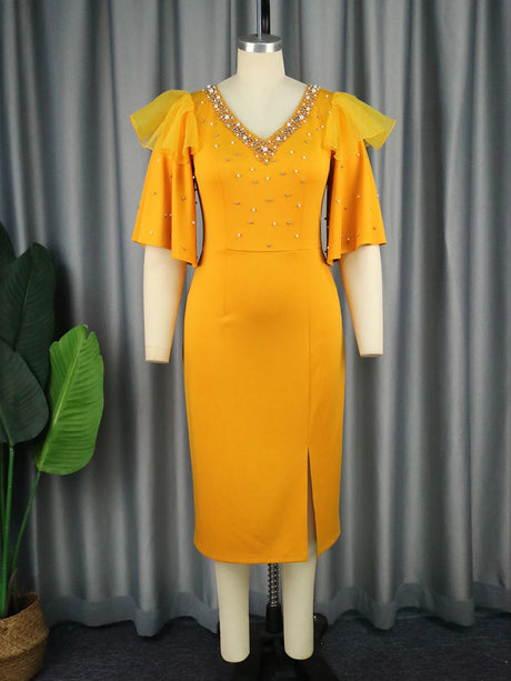 Yellow Bodycon Dresses for Women V Neck Beading Half Sleeve High Wiast Elegant Evening Birthday Event Midi Outfits Summer 2023